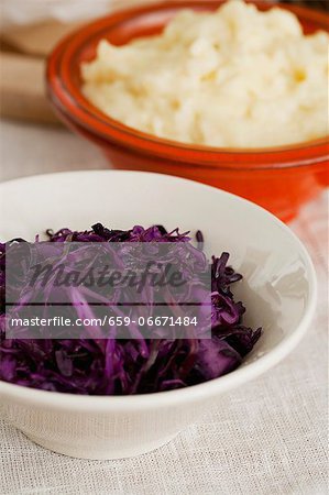 Red cabbage salad and mashed potato