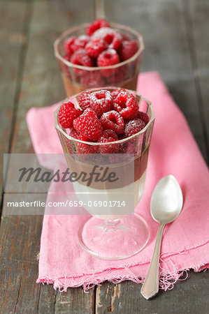 Two-tone chocolate mousse topped with raspberries