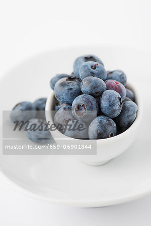 Blueberries in a white dish and on a plate