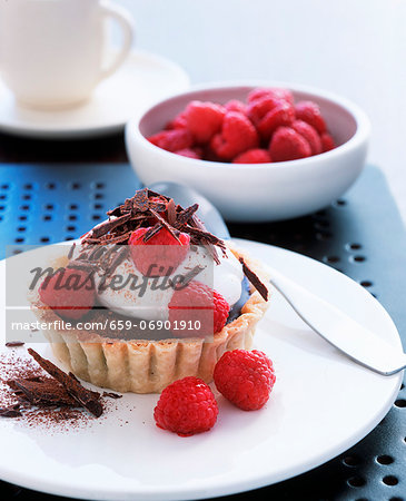 Individual chocolate torte with cream and raspberries