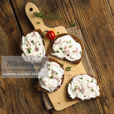 Slices of whole grain bread with quark and onions on a wooden board (top view) Slices of whole grain bread with quark and onions on a wooden board (top view)