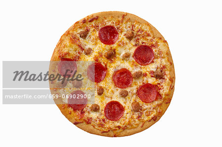 Whole Pepperoni and Sausage Pizza on a White Background; From Above