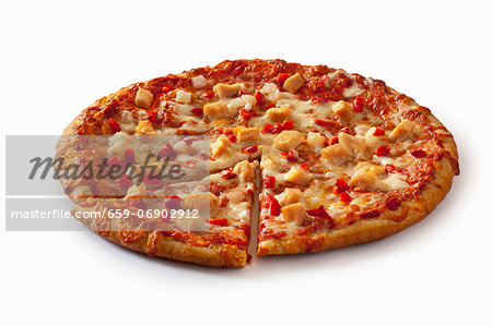 Chicken, Red Pepper and Onion Pizza on a White Background