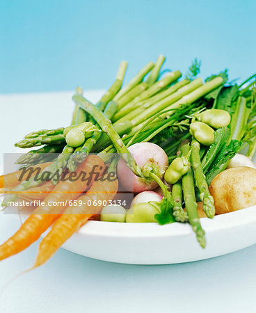 Close up of a bowl filled with spring vegetables including carrots, beans, asparagus, turnip and potatoes