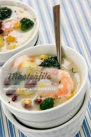 Bowls of Cajun Shrimp, Corn and Bean Bisque