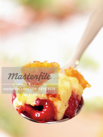 A spoonful of crème brûlee with raspberries (close-up) A spoonful of crème brûlee with raspberries (close-up)