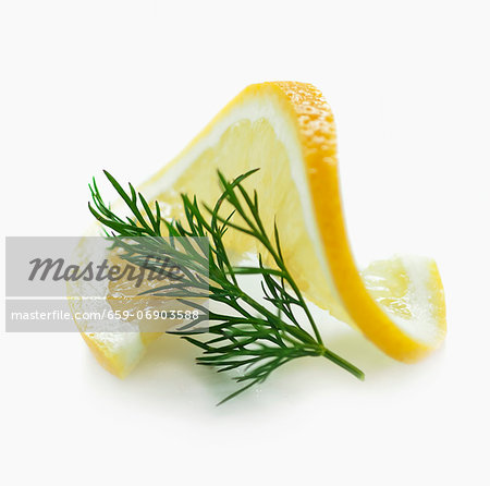 A slice of lemon and a sprig of dill with no background