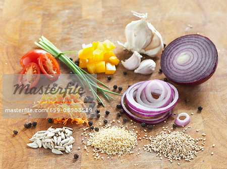 Assorted ingredients on a wooden board Assorted ingredients on a wooden board