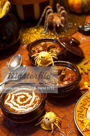 Three Halloween Soups with Halloween Decorations