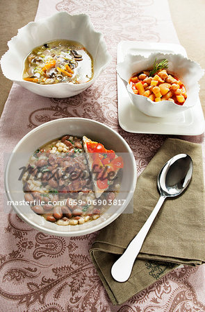 Borlotti bean and pearl barley soup, chickpea soup with pasta, and mushroom soup with spring onions Borlotti bean and pearl barley soup, chickpea soup with pasta, and mushroom soup with spring onions
