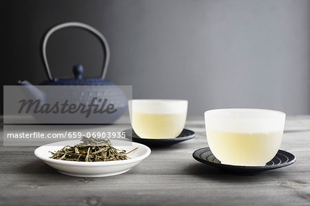 Two Cups of Green Tea, loose Tea and Japanese Teapot, selective focus