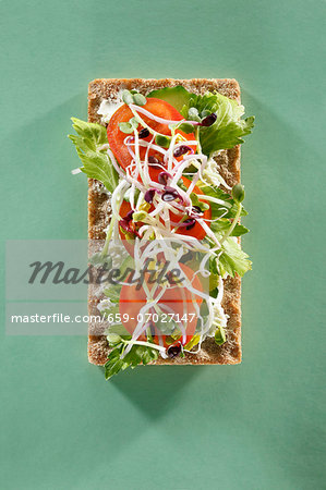 A crispbread topped with cucumber, tomatoes and sprouts