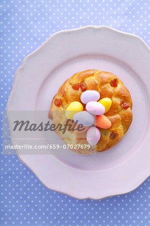 Yeast doughnut with marzipan eggs