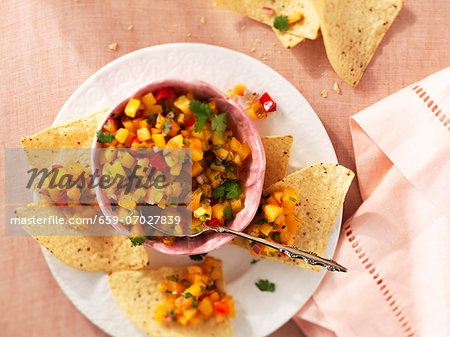 Peach salsa with tortilla chips