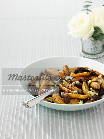 Fingerling potatoes with Stilton and mushrooms