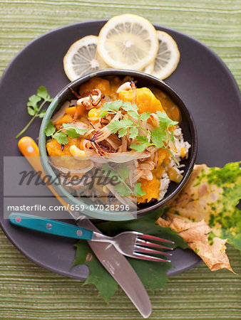 Cashew, Coconut and Butternut Squash Curry Stew and Basmati Rice in a Bowl; From Above
