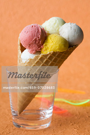 Fruit ice cream in a wafer cone