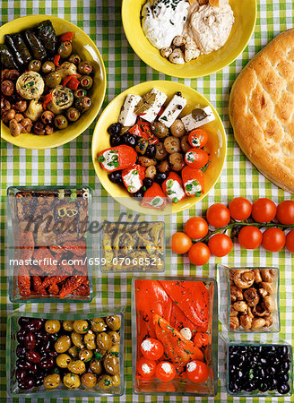 Assorted Mediterranean appetisers (view from above)