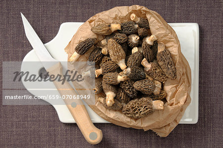 Fresh morels in a paper bag