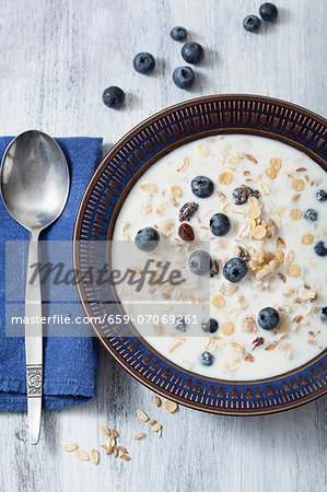 Müsli with blueberries (top view)