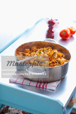 Pappardelle bolognese in the saucepan