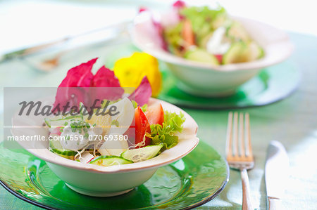 Egg salad with cucumber, tomatoes, chives and radicchio