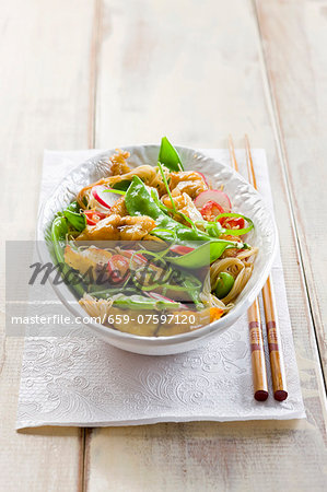 Chicken stirfry with sugar snap peas and noodles