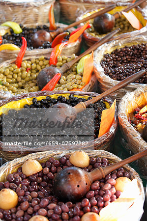 Olives in baskets at the market