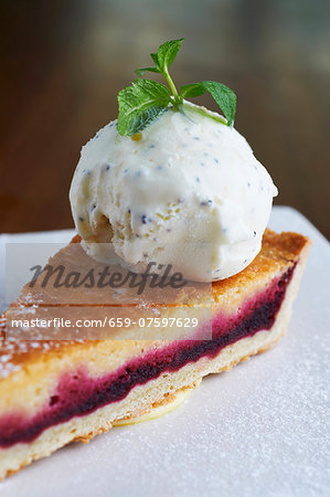 Beetroot & frangipane tart with a scoop of vanilla ice cream