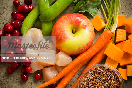 Assorted Ingredients; Fruit, Vegetables, Chicken and Grains