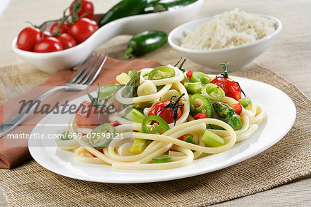 Bucatoni with asparagus, cherry and jalapeno Bucatoni with asparagus, cherry and jalapeno
