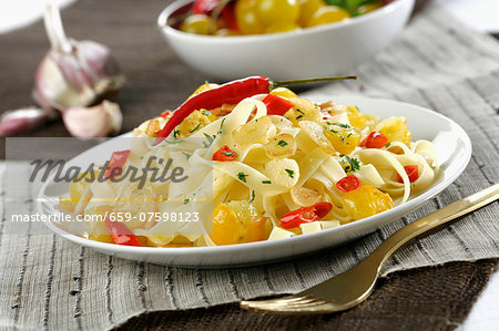 Tagliatelle with chilli and yellow cherry