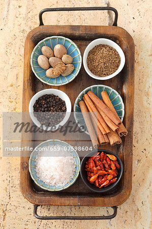 Assorted spices in bowls on a tray