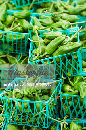 Plastic Baskets of Green Anaheim Chilis at a Farmers Market