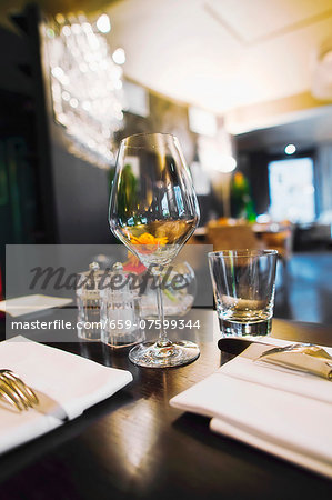 interior of the restaurant, focus on a wine glass