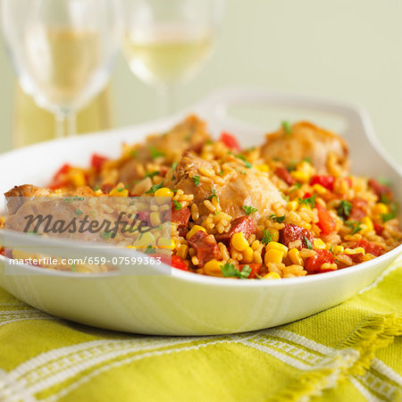 Chicken with rice, chorizo, sweetcorn and peppers (Spain) Chicken with rice, chorizo, sweetcorn and peppers (Spain)