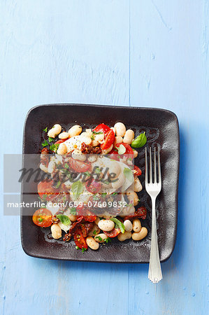 Bean salad with mozzarella, cherry tomatoes, sundried tomatoes and herbs