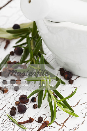 A mixture of wild spices: rosemary, pepper, juniper berries and cloves with a mortar