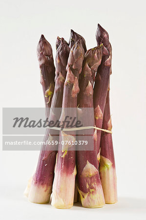 A bunch of purple asparagus against a white background