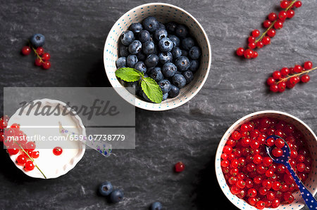 Fresh blueberries and redcurrants in bowls Fresh blueberries and redcurrants in bowls