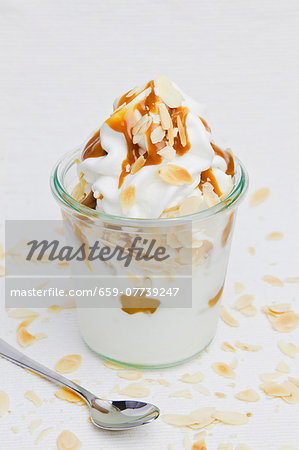 Frozen yogurt with slivered almonds and caramel sauce