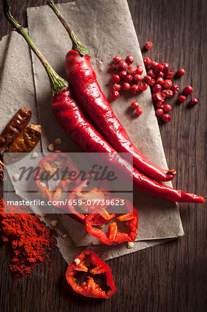 Chillis: peppers, dried, powder and peppercorns