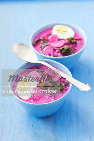 Cold beetroot soup with radishes, cucumber, dill, keffir and egg