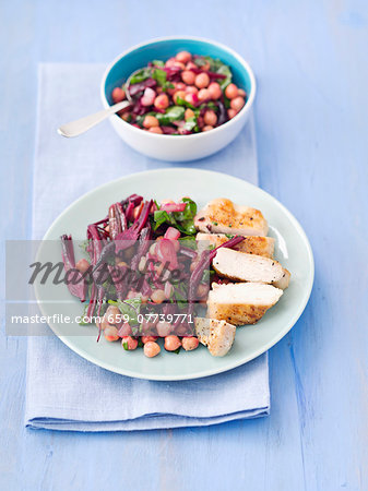Warm beetroot salad with chickpeas, onions, beetroot leaves and grilled chicken breast