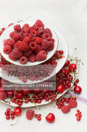 Red berries and cherries on a cake stand