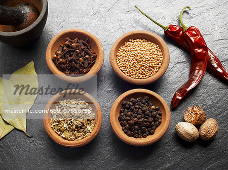 Cloves, mustard seeds, fennel, pepper, nutmeg, chilli and bay leaves Cloves, mustard seeds, fennel, pepper, nutmeg, chilli and bay leaves