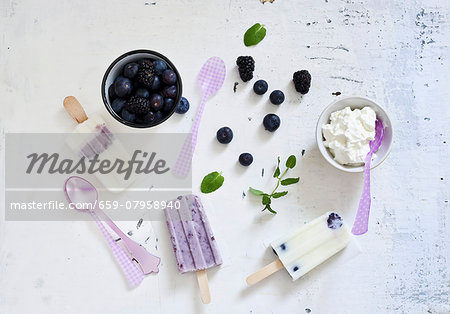 Homemade blueberry ice cream and ingredients Homemade blueberry ice cream and ingredients