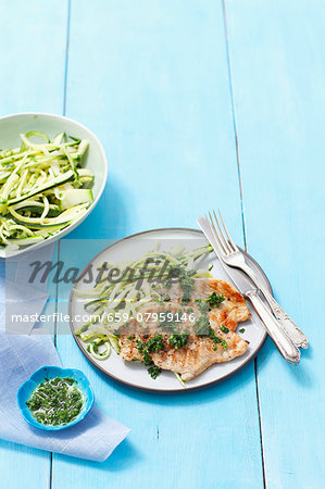 Grilled turkey breast with parsley pesto and courgette strips