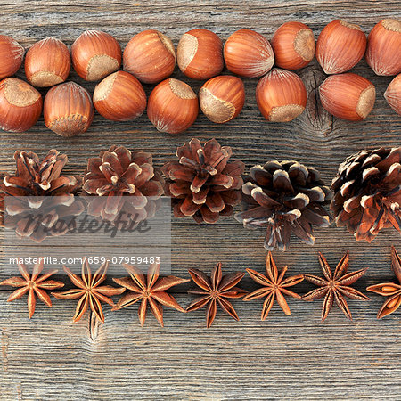 An autumnal arrangement of nuts, pine cones and star anise An autumnal arrangement of nuts, pine cones and star anise