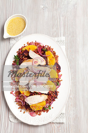 Buckwheat and beetroot salad with oranges and grilled chicken breast